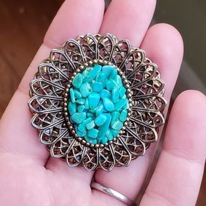 Vintage brooch Faux turquoise with brass / iron